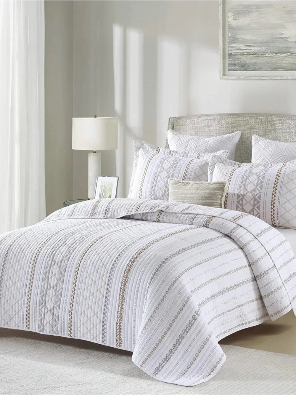 Striped Geometric Cotton 3 piece Queen quilt set White & Taupe
